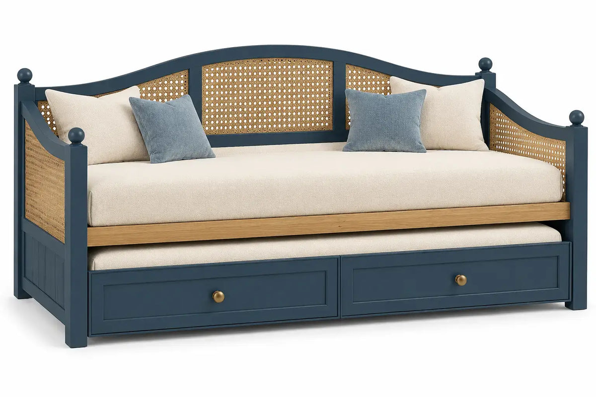 Panca, schienale intrecciato e due cassetti inferiori, blu/marrone/beige