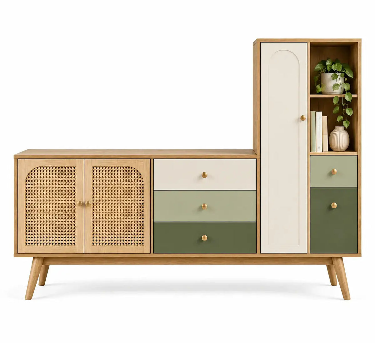 Credenza, composizione a due altezze con ante e ripiani, marrone/beige/verde