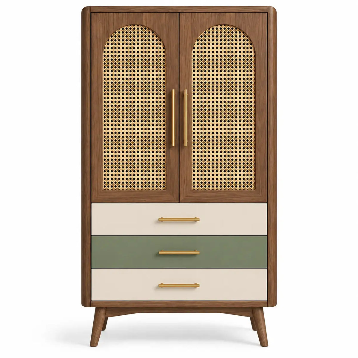 Armadio, ante intrecciate e tre cassetti inferiori, marrone/beige/verde