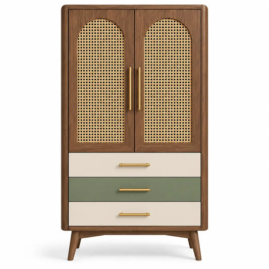 Armadio, ante intrecciate e tre cassetti inferiori, marrone/beige/verde