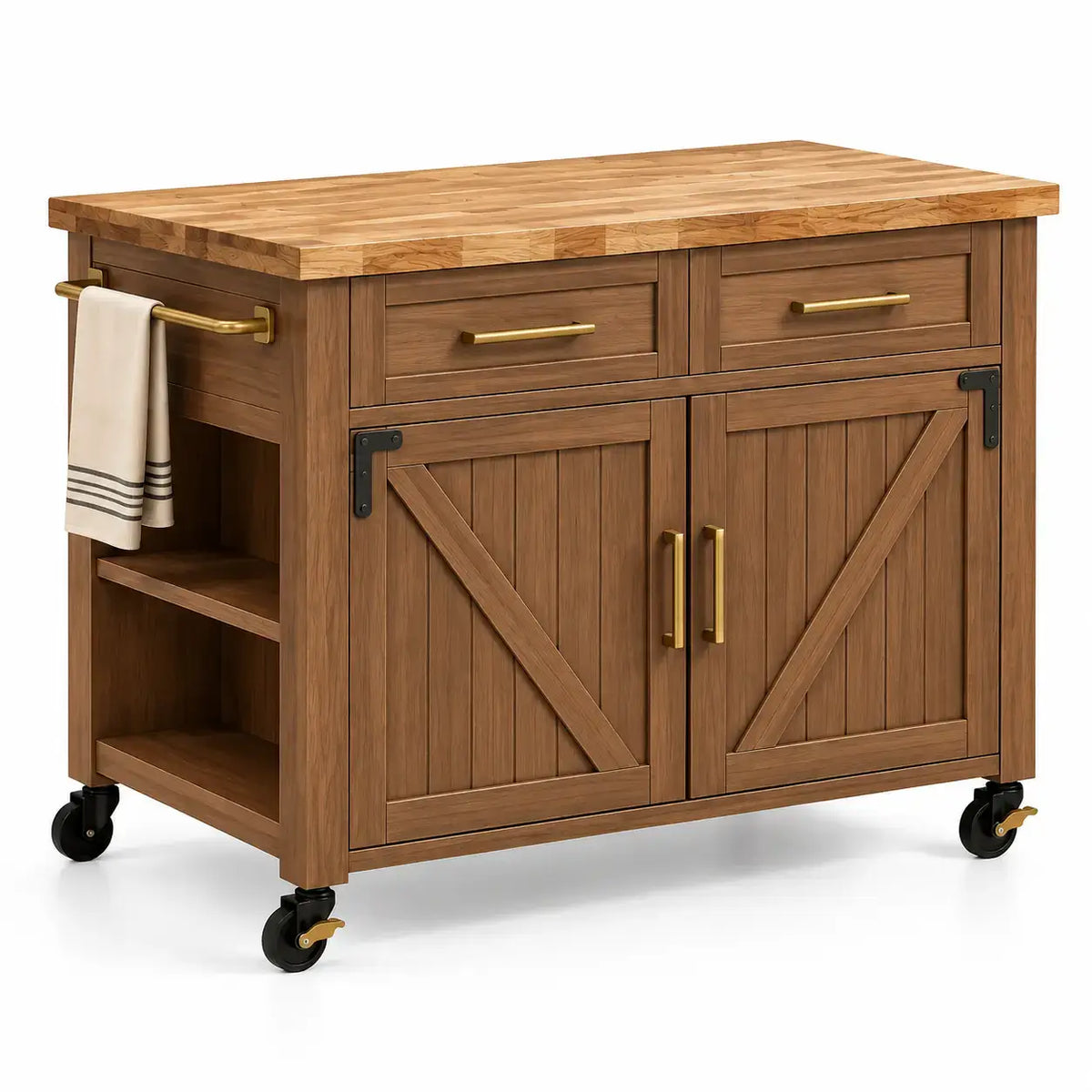 Carrello da cucina, due ante incrociate, cassetti e ruote, marrone