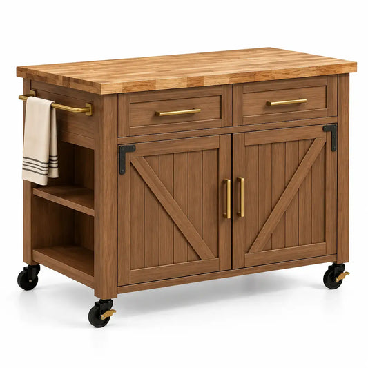 Carrello da cucina, due ante incrociate, cassetti e ruote, marrone
