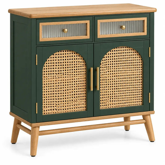 Credenza, due ante intrecciate e cassetti superiori, verde/marrone