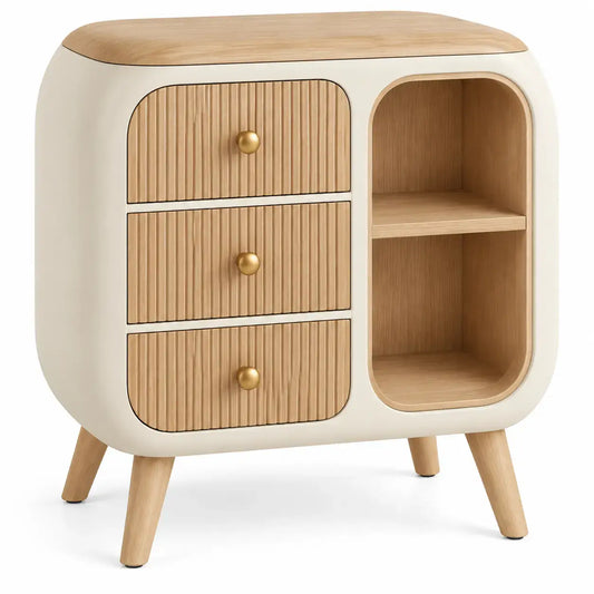 Credenza, profilo arrotondato, tre cassetti e vano laterale, beige/marrone