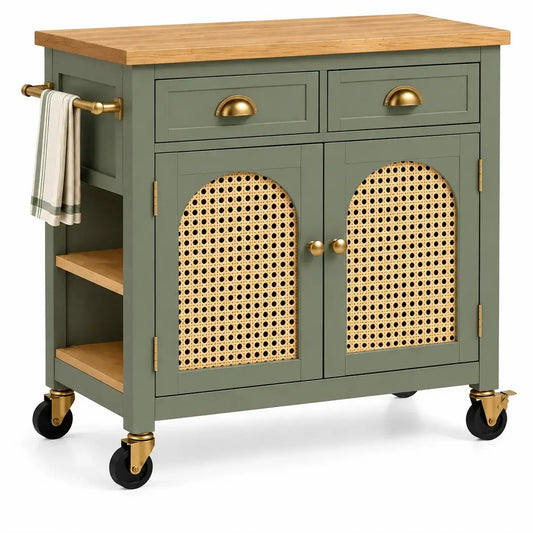 Carrello da cucina, due ante intrecciate e cassetti su ruote, verde/marrone
