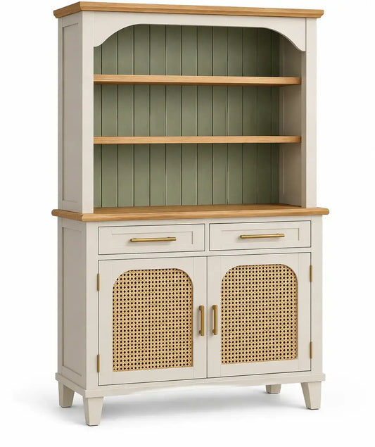 Libreria, ripiani aperti e ante inferiori intrecciate, beige/marrone/verde