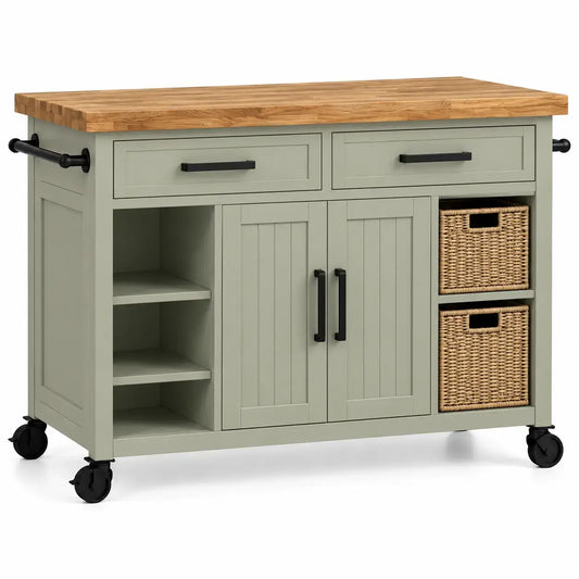 Carrello da cucina, ante, ripiani e cestelli laterali, verde/marrone
