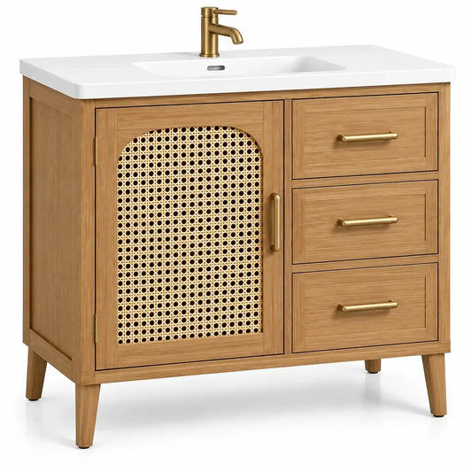 Mobile bagno con lavabo, lavabo superiore, anta intrecciata e tre cassetti, marrone/bianco
